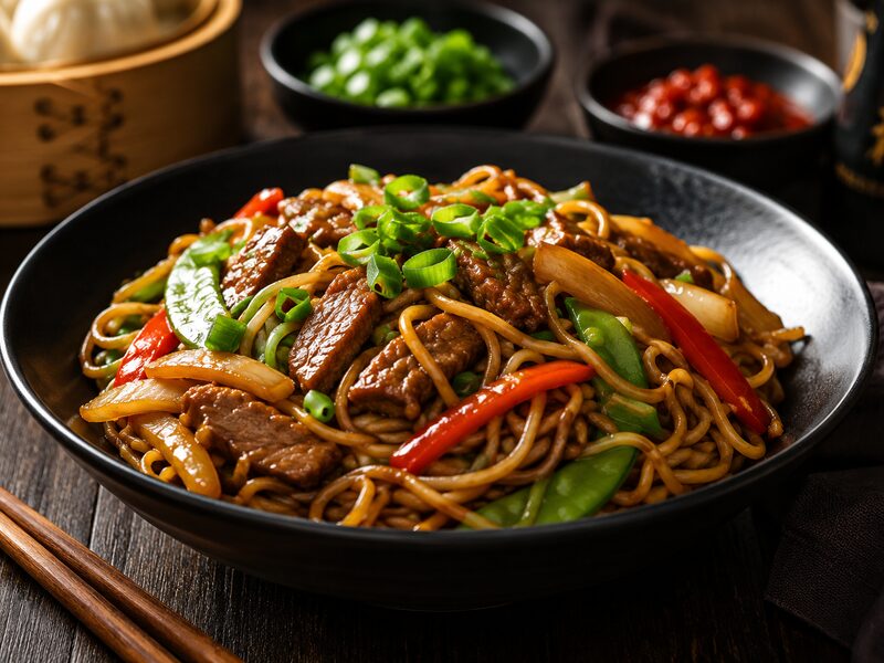 Stir-fry noodles with beef and vegetables, wok cooked to perfection