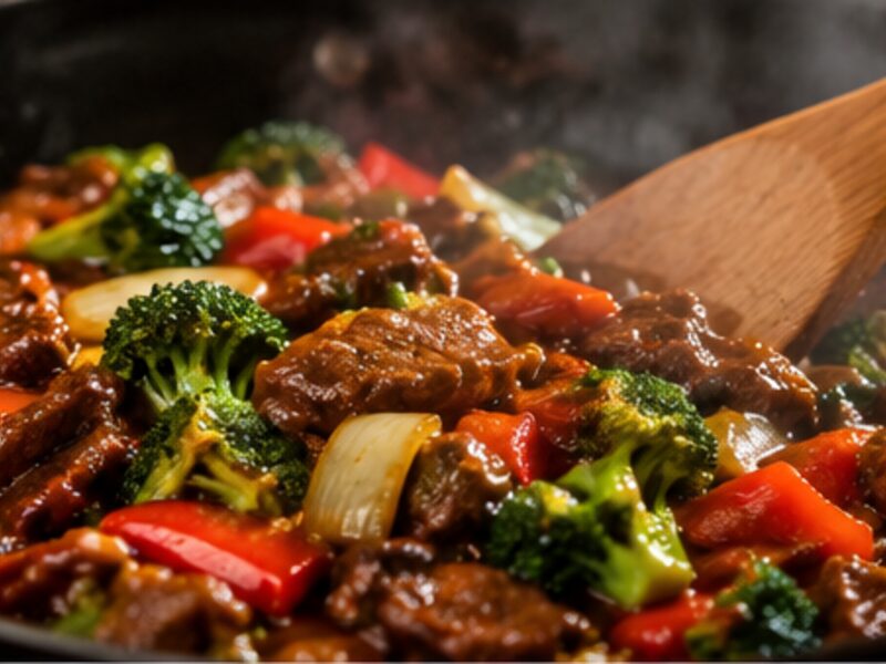 Classic beef and broccoli wok stir-fry in savory sauce