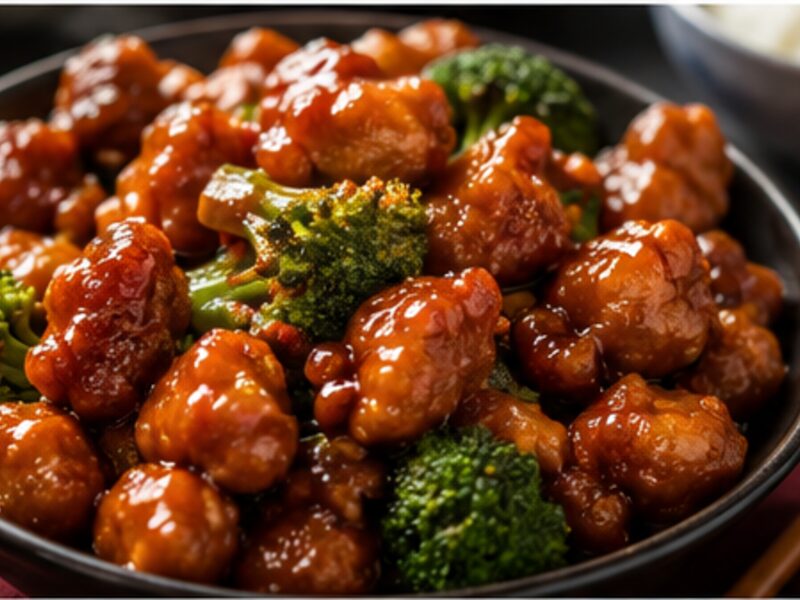 Glazed chicken with broccoli in light sauce