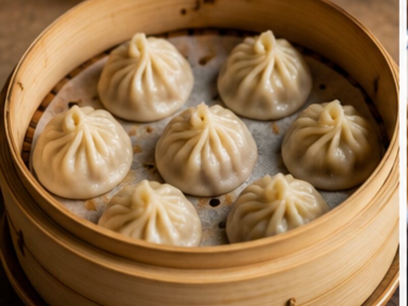Steamed soup dumplings in bamboo steamer basket